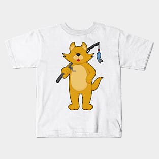 Cat at Fishing with Fishing rod & Fish Kids T-Shirt